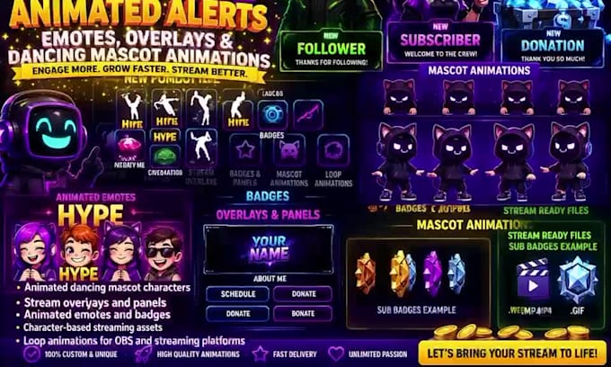 create animated twitch alerts, emotes and stream assets dancing mascot