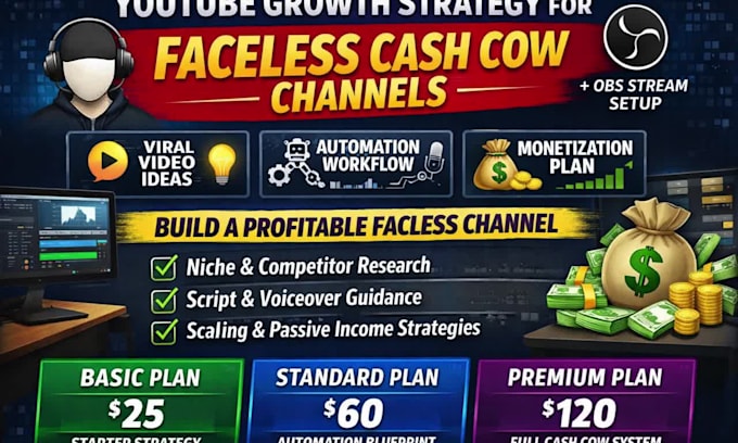 develop youtube growth strategy faceless automation cash cow channel obs stream