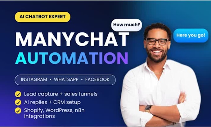 setup manychat automation, manychat chatbot for instagram, whatsapp, facebook