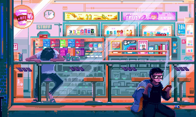 make pixel art background loop animation with parallax layers for lofi stream