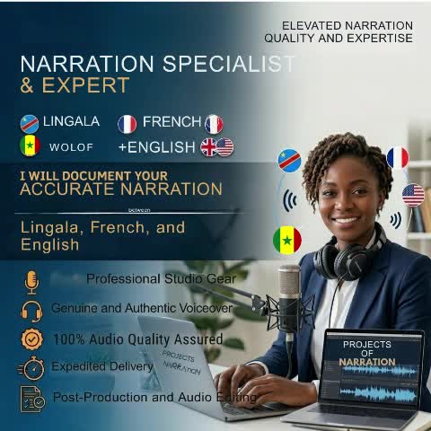 record voiceover in lingala, french, wolof and english