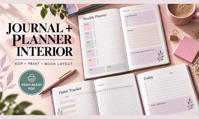 design journal interior, planner interior, notebook interior, book layout, KDP