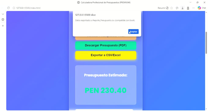 calculadora web premium PDF, excel, dark mode 30 ,70,120