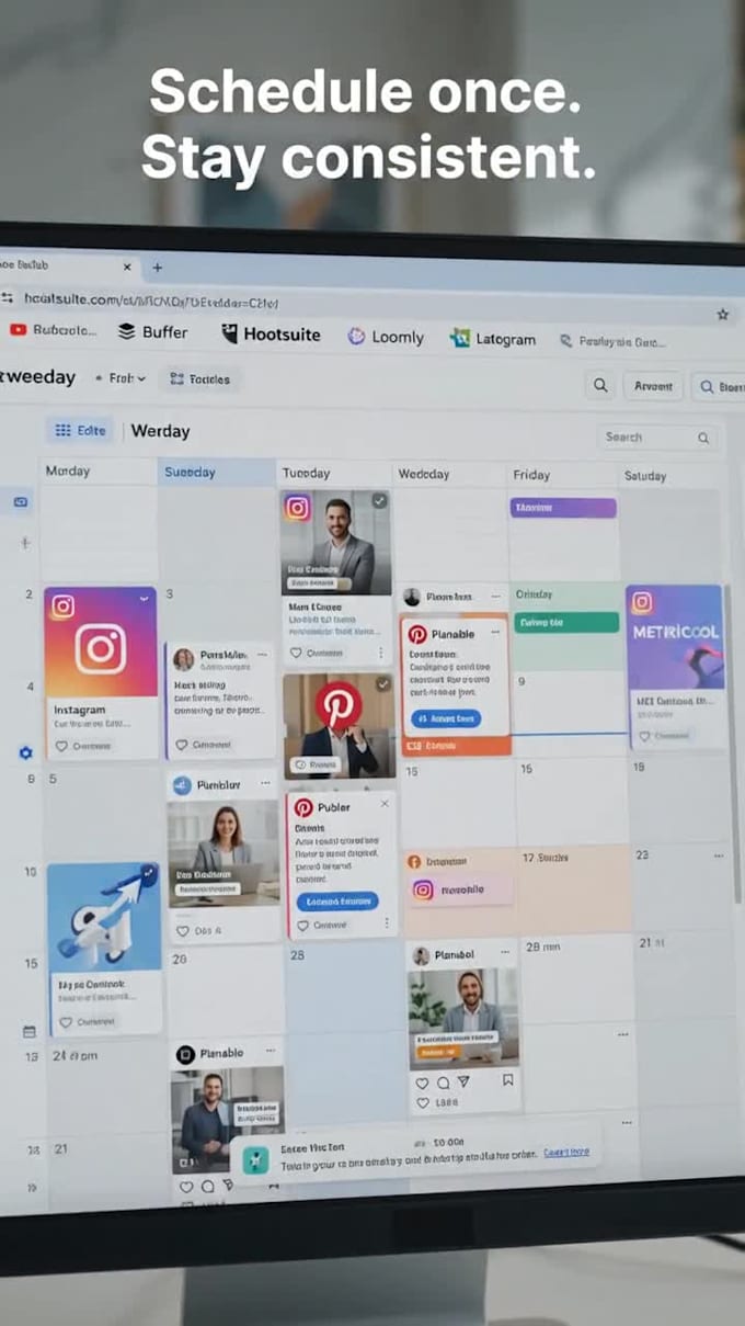 schedule and manage your social media posts using buffer, hootsuite, loomly
