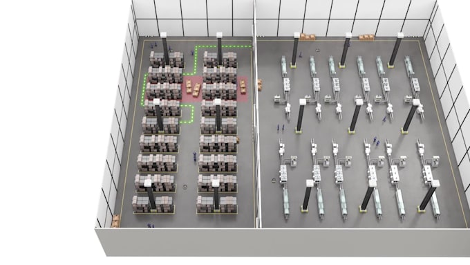 create 3d industrial warehouse animation factory automation robotic explainer