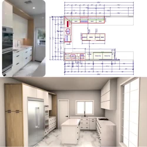 custom kitchen and cabinetry designs with floor plans, elevations, and 3d render