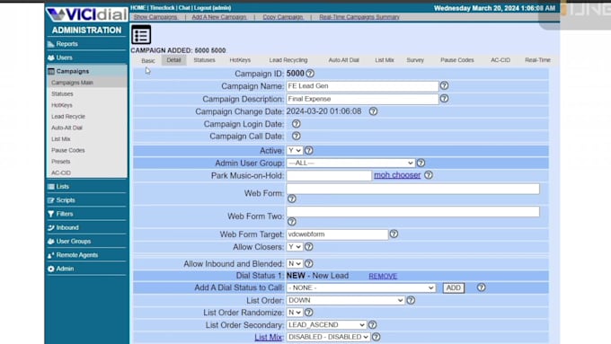 manage vicidial setup and campaign configuration
