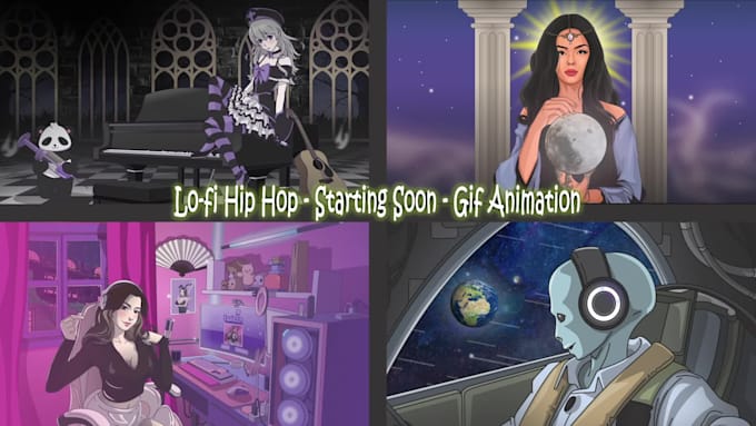 make a lofi hip hop, starting soon and gif animation