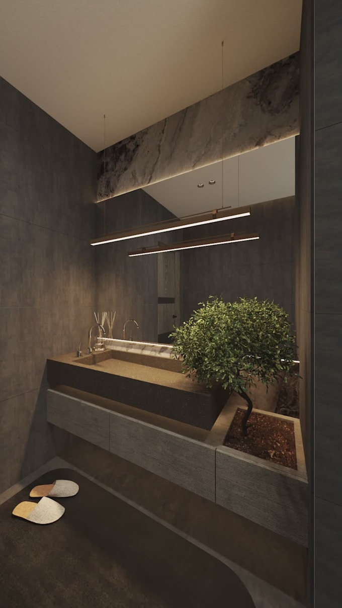 create a modern 3d bathroom design with realistic rendering