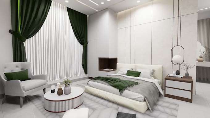 provide 3d interior design for kitchen, bathroom, bedroom