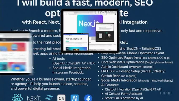 build a fast,modern,SEO optimized website with react,nextjs,tailwind,shadcn