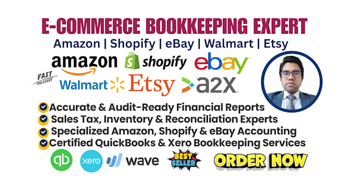 do ecommerce bookkeeping for amazon, shopify, walmart, ebay, etsy in qbo, xero
