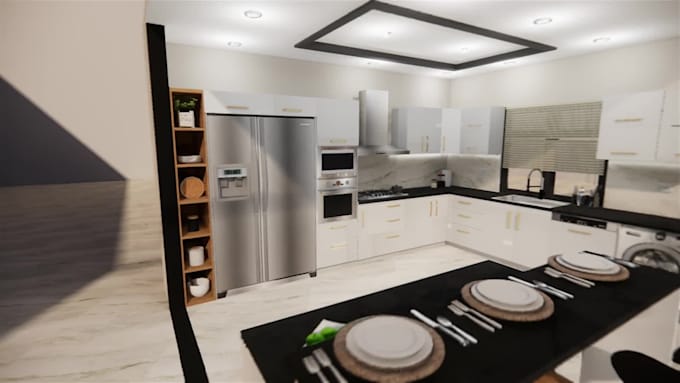 design kitchen interior and exterior in 3d and render