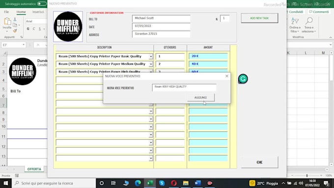 provide to you an automatic excel invoice fattura
