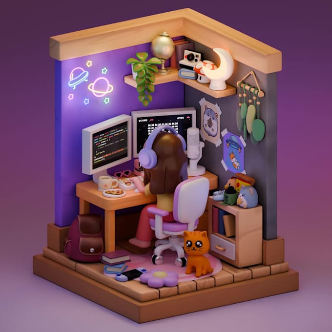 design a cozy 3d interior isometric room illustration