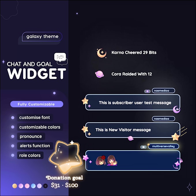 design and code custom stream chat, event widget, goal widget