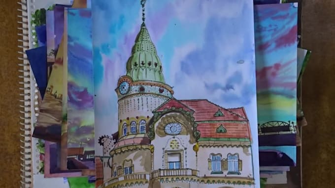 draw landscape drawing with watercolor painting illustration