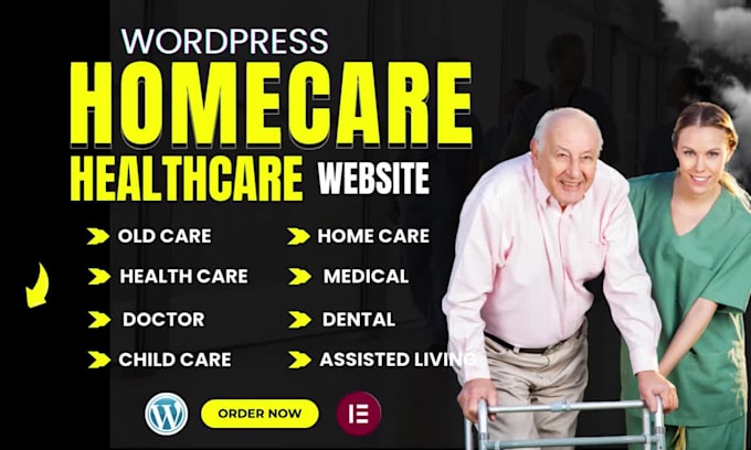 design home care website, childcare, old care wordpress website in elementor