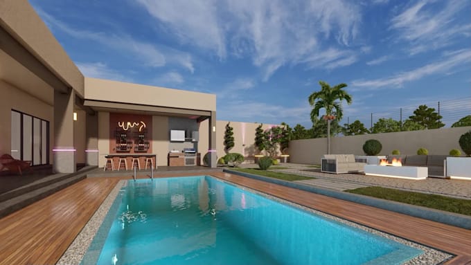 design garden landscape, backyard, patio, fireplace and 3d rendering