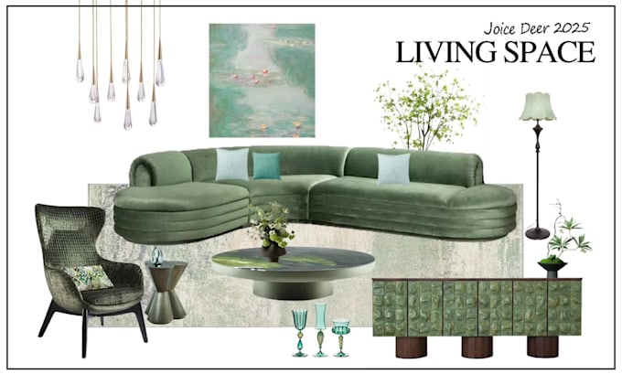 interior design mood boards, shopping list, 3d floor plan