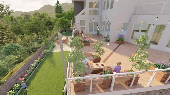 design landscape,3d modeling, backyard, patio, pool