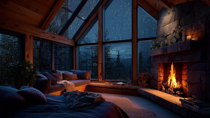 create rain video with natural sound in a sleep cozy room