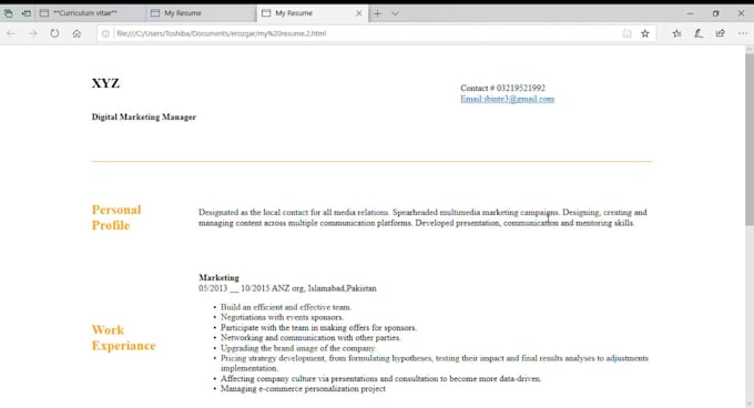 Design html css based resume by Maryumshabir | Fiverr