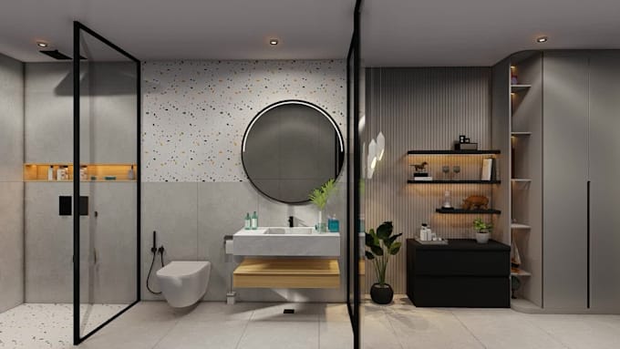 do washroom design and bathroom interior 3d rendering