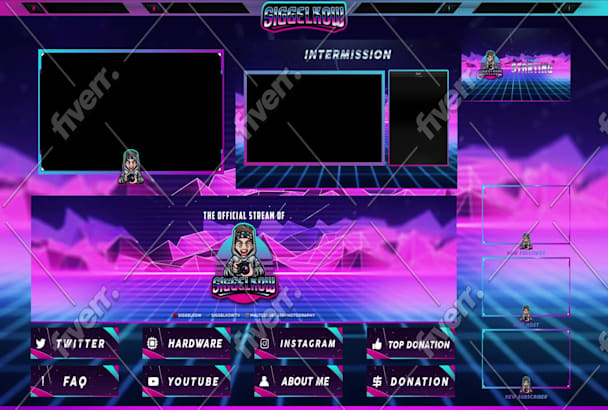 design animated twitch overlay, facecam, panels, screen for stream