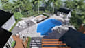 do cozy backyard design, pool, garden in 3d render