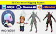 do 3d character rigging in maya, blender, wonder dynamics and auto rig pro