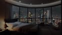 create luxury apartment in a rainy night city with rain sound