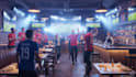create a realistic 3d sports bar render with led screen display setup